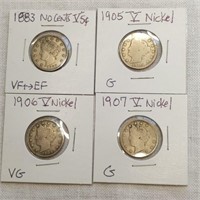 1883 No Cents/1905/1906/1907 V Nickels