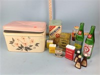 Bread box, vintage tins, vintage bottles