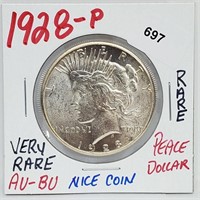 Very Rare 1928-P AU/BU 90% Silver Peace $1 Dollar