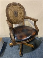 Wood and Rattan Rolling Chair with Leather Seat