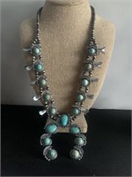 Turquoise Squash Blossom Necklace - Set in Pewter