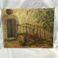 Antique Oil on Masonite - Wheel Cart