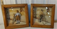 2 framed diorama/shadowboxes of bicyclists
