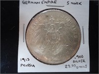 1913 German Empire 5 Mark, 90% silver