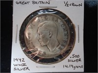 1942 Great Britain 1/2 Crown, .500 Silver