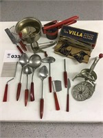 ASSORTMENT OF RED BAKELITE HANDLE UTENSILS & RED