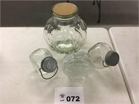 LARGE JAR, SMALL JARS W LIDS, GLASS BANK