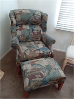 WINGED CHAIR AND OTTOMAN WITH BOOK UPHOLSTERED