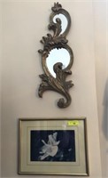 FLORAL PHOTOGRAPH AND ORNATE GOLD GUILD MIRROR