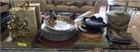 SHELF LOT- VASES, DISHES, ACCESSORIES, MISC