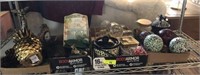 SHELF LOT- ASSORTED DECOR, CANDLES, MISC