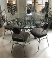 BEVELED GLASSTOP TABLE WITH 6 IRON CUSHIONED CHAIR