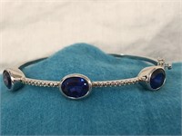 Sterling Silver Bangle Bracelet Three Blue Stones