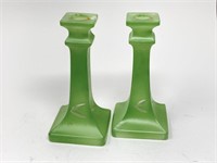 Pair of Etched Green Frosted Glass Candlesticks