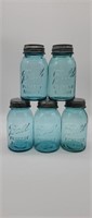 Vintage blue Ball Mason jars numbered 1-5