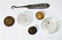 Misc Buttons, Button Hook and Sterling Shavings