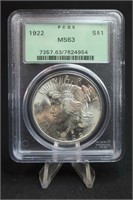 1922 U.S. Silver Peace Dollar PCGS MS63