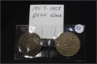 Lot of 2 Mexican Silver Pesos 1957 & 1958