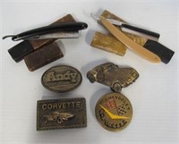 (4) Belt buckles with (2) antique straight razors