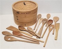 Bamboo Steamer & Vintage Wood Kitchen Utensils