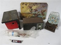 Vintage items including beer taps, radio, marble