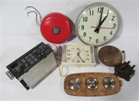 Collection of clocks with school bells and car