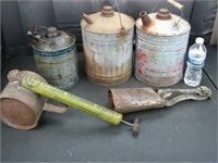 Old Kerosene/Gas Cans, Bug Sprayer & Cow Bell