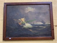 Antique oil painting on canvas - three sailing