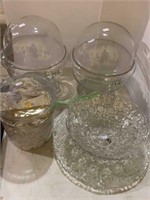 2 glass covered domes, pressed glass vase, and one