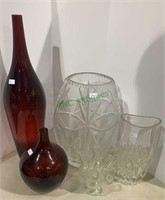 Five glass vases, two red ruby glass bud vases,