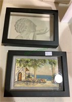 2 small framed pieces of art - carved lucite -