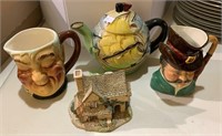 Sailing ship teapot, two Toby mugs and a Lily Put