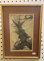 Print block of a gnarled tree and clouds. Signed