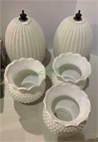 5 white glass lampshades - three matching milk