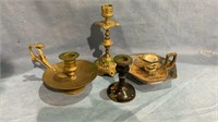 4 antique candle sticks - 2 Victorian brass, one