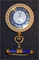 Vintage Pedre Quartz enamel & faux pearl watch pin