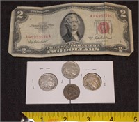 Misc US Indian head penny Coin & $2.00 bill lot
