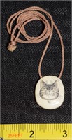 carved scrimshaw whimsical CAT pendant necklace