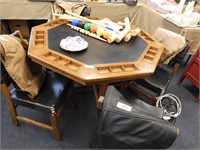 OLD WOODEN POKER/GAME TABLE WITH 4 CHAIRS