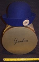 Vintage Younkers felt blue hat w/ wood button +box