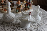 2 Hobnail Decanters and Hen-In-Nest