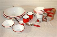 Vintage Red & White Enamelware- Bowls, Pots, Mugs
