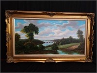 Large signed oil on canvas landscape with bridge