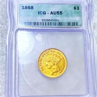 1868 $3 Gold Piece ICG - AU55