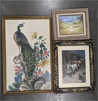 Lot of framed art. One peacock watercolor