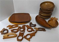 Wood bowls, animal napkin rings and plates