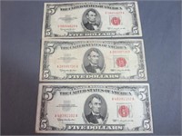(3) $5 Red Seal U.S. Notes