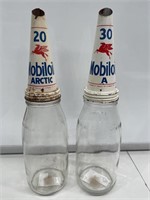 2 x MOBILOIL Tin Tops on Quart Bottles