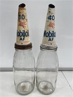 2 x MOBILOIL Tin Tops on Quart Bottles