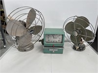 2 x Vintage Fans and Bundy Clock (A/F, not